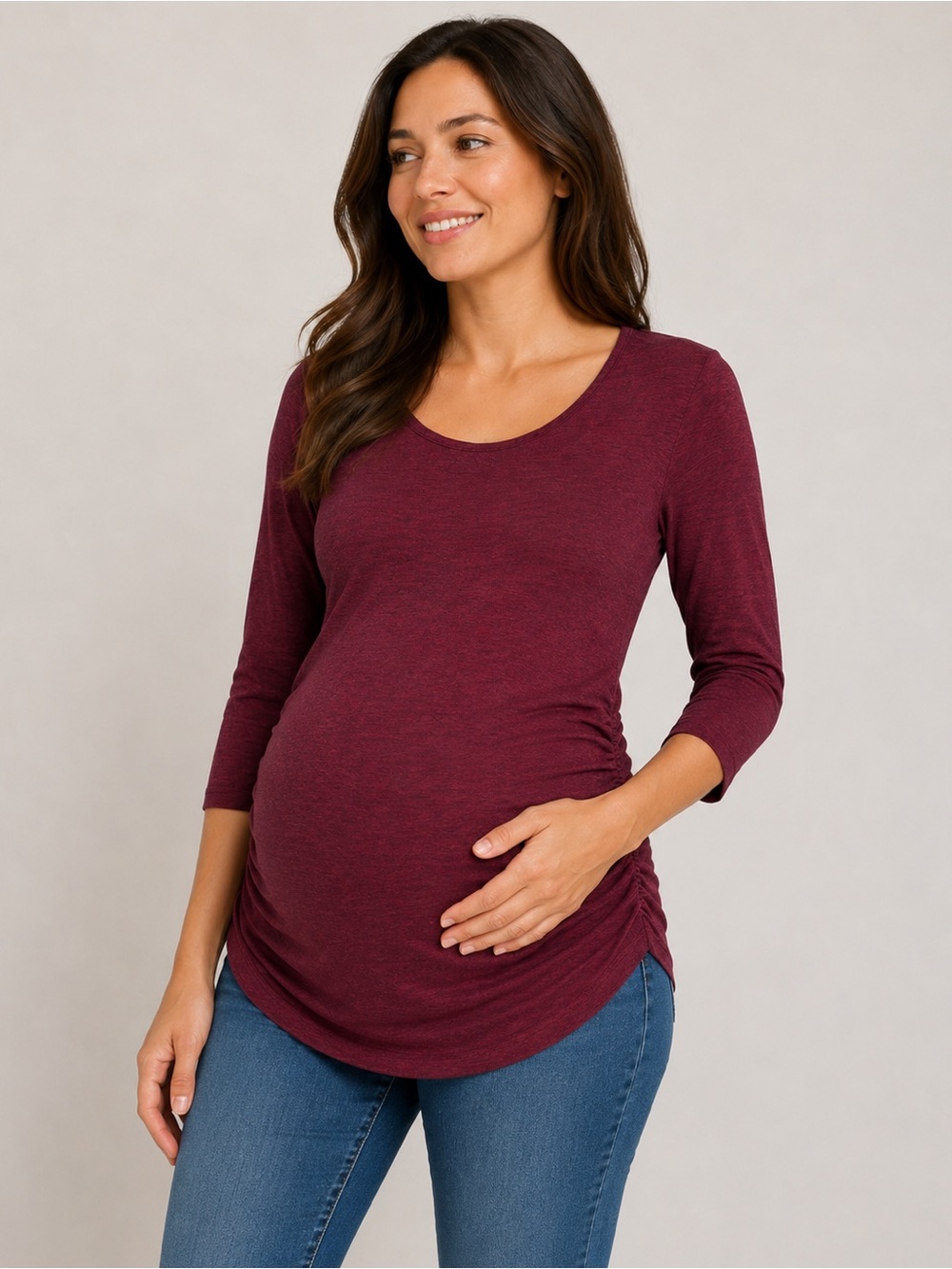 Olivia Blu Maternity Burgundy Ruched 3/4 Sleeve Top XL